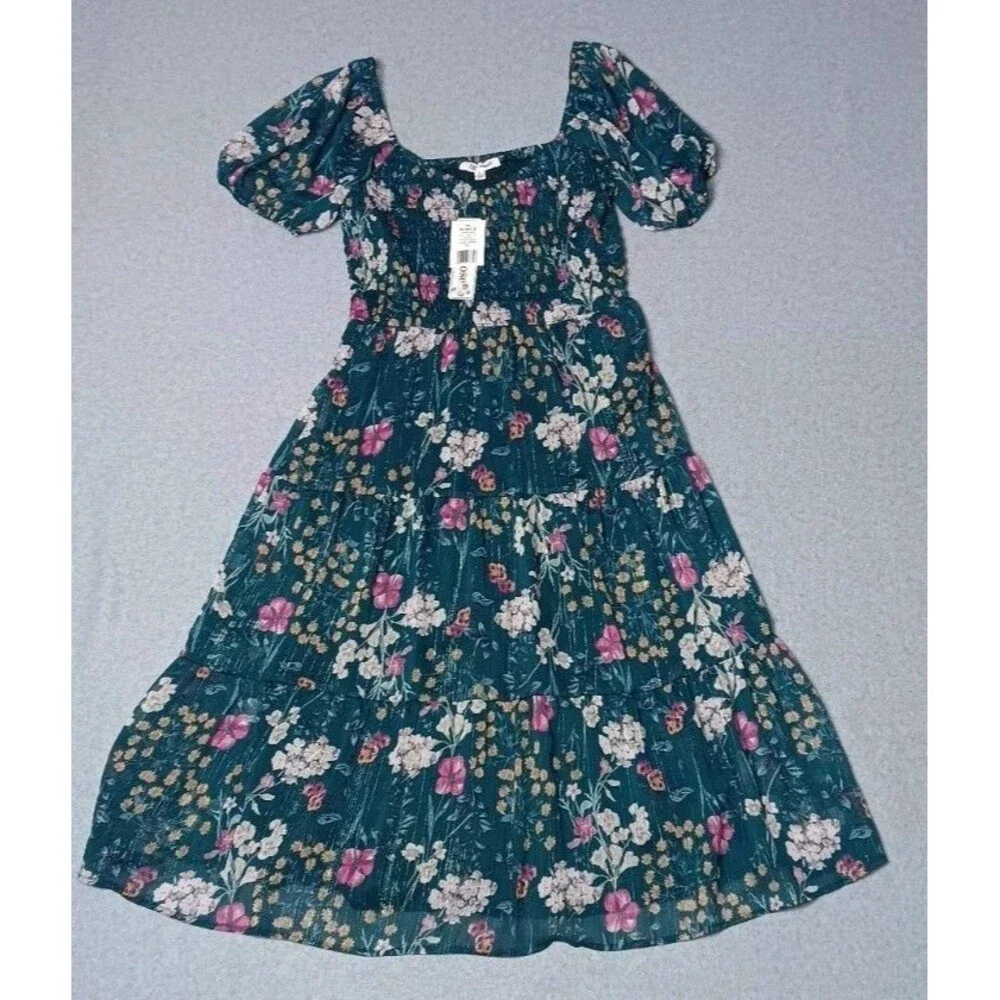 NWT! Lily Rose Smocked Tiered Maxi Dress Juniors Large Jade Blossom Green Puffed
